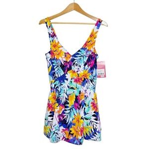 NEW‎ Rose Reid Tropical Swimdress Womens 14 One Piece Multicolor Floral Swimsuit